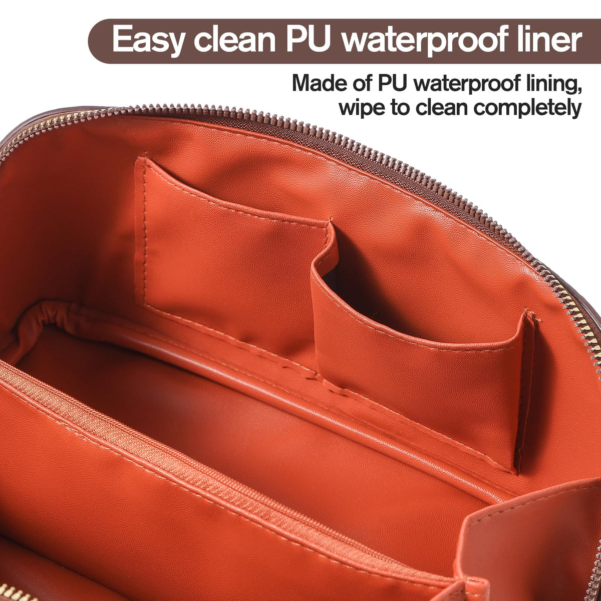 Cuteseason PU Leather Makeup Bag for Women, Structured Makeup Case with Wide Opening, Travel Cosmetic Bag with Compartments and Handle, Water-Resistant Makeup Organizer(Brown, Lychee Grain)