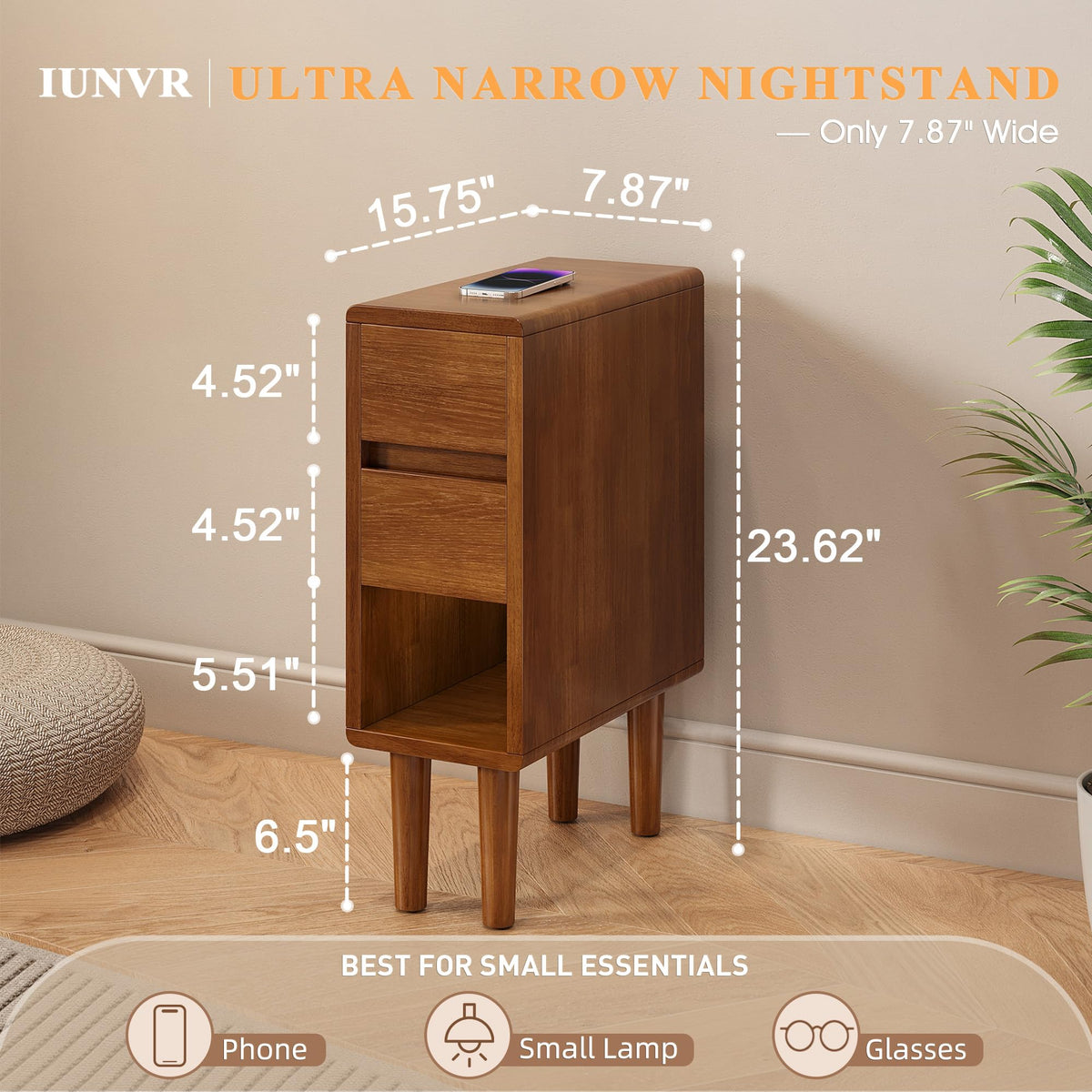 Narrow Nightstand 2 Drawers with Open Shelf Narrow Night Stand Solid Wood Bedside Table Mid Century Modern Nightstand Wooden End Table for Bedroom, Study, Office