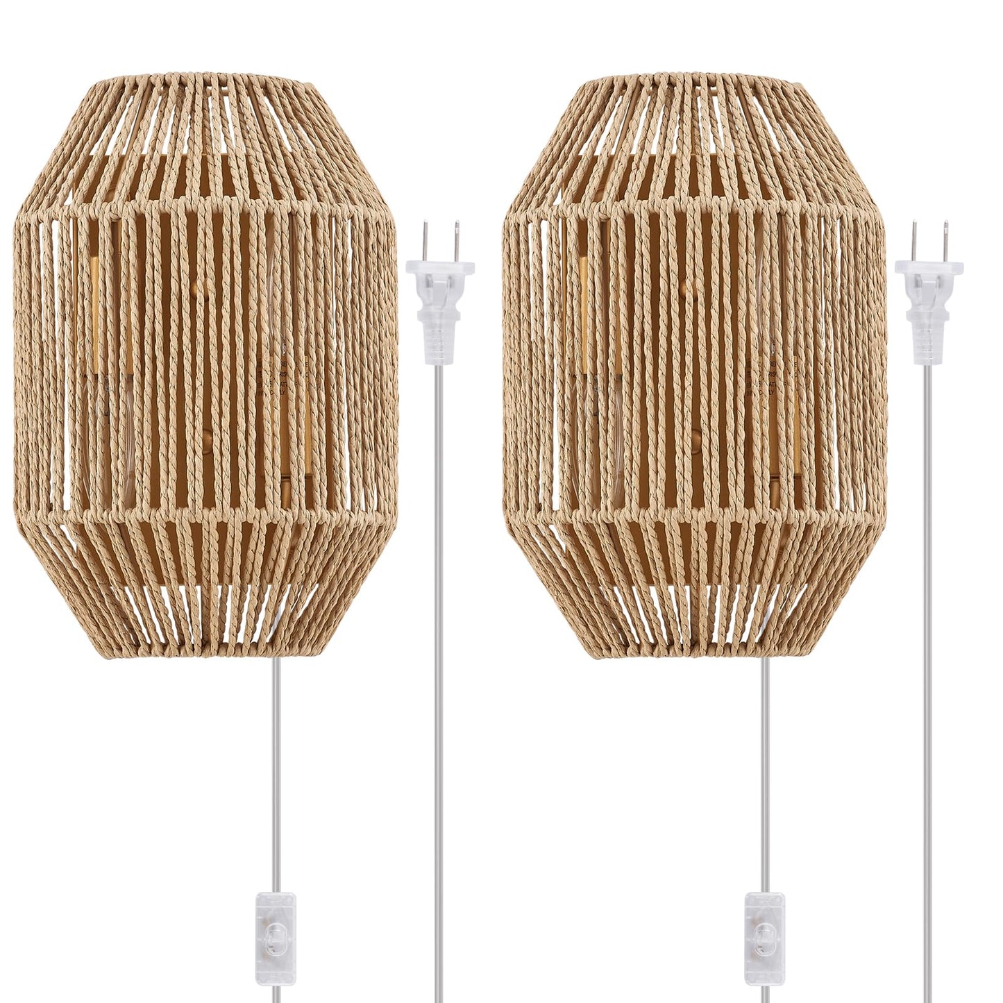 MhyTogn Natural Rattan Plug-in Wall Sconce Set of 2, with Boho Woven Wicker Shade Antique Brass Brush Paint Finish for Vanity Stairway Fireplace Living Room Bedside Passway Hallway