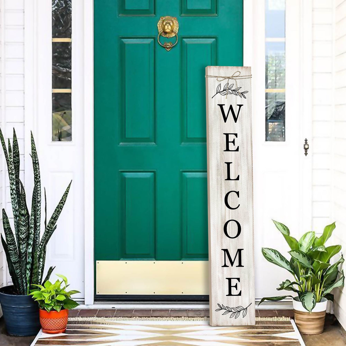 Welcome Sign for Front Porch Standing - Wooden Vertical Hanging Farmhouse Decor With Leaves for Front Door and Home Decorations 47.2"H