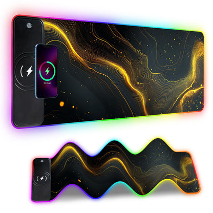 Wireless Charging RGB Gaming Mouse Pad, 31.5 x 11.8 Inch Extended Mouse Mat with Black & Gold Abstract Wave Design, LED Desk Pad with 7 Lighting Modes, Non-Slip Base for Gaming & Office