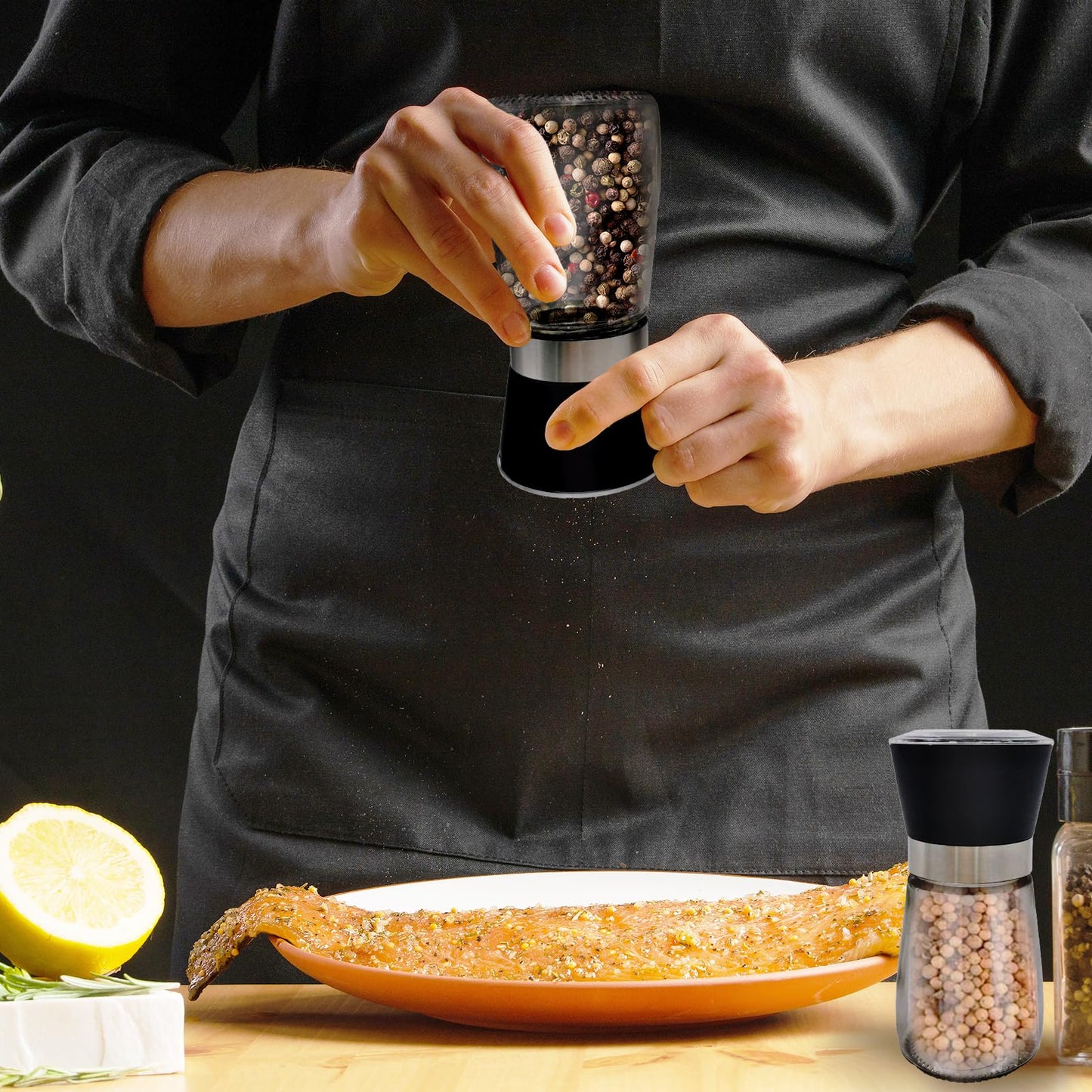 Daily Treasures 2 Pack Salt and Pepper Grinder Set with Acrylic Holder,Refillable Salt Grinder,Stainless Steel Pepper Grinder Mill,Seasoning Grinder with Adjustable Coarseness,Glass Shaker for Kitchen