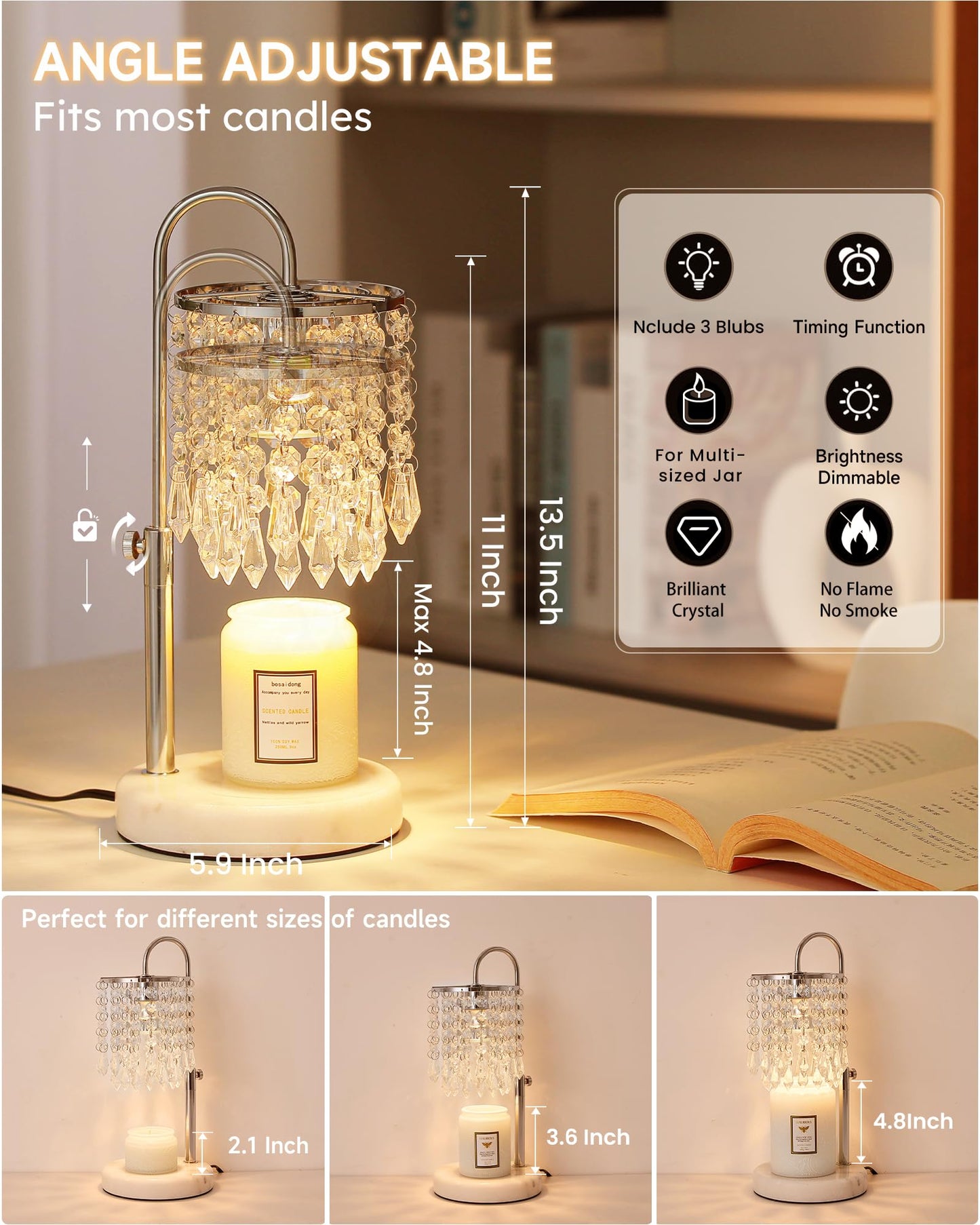 Candle Warmer Lamp with Timer Dimmer and 3 Bulbs, Candle Lamp Warmer with Marble Base for Adjustable Height, Crystal Candle Lamp for Jar Candles, House Warming Gifts Home Room Decor, Silver