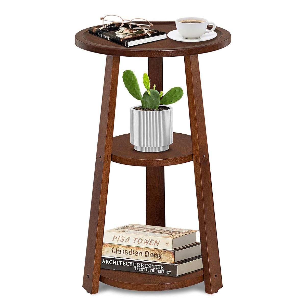 QILOXENTRA 3-Tier Round Side Table, Solid Wood End Table & Nightstand for Small Spaces, Compact Accent Table for Living Room, Bedroom, Office (Red Brown Finish)