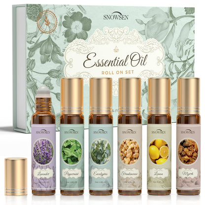 Essential Oils Roll on Set, Aromatherapy Oils with Roller Ball for Skin, Natural Essential Oil Roller Gift Set with Lavender, Peppermint, Frankincense, Eucalyptus, Lemon, Myrrh