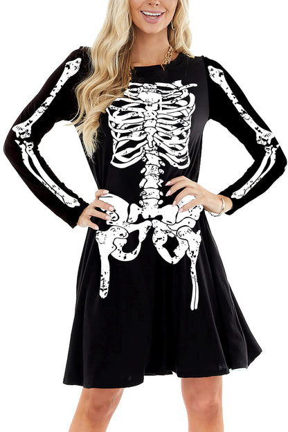 Skeleton Dresses for Women Flare Holiday A-Line Long Sleeve Halloween Costume Dress XL