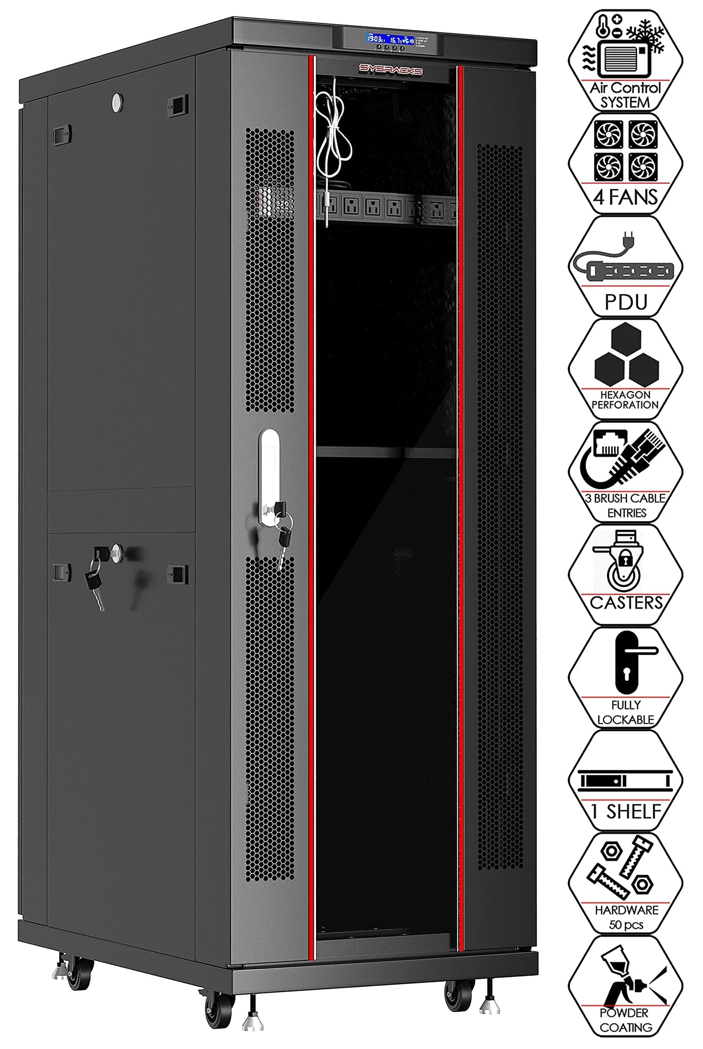 Sysracks 42U Server Rack Cabinet, 19” Floor Standing Enclosed Network Cabinet, 39” Deep IT Rack with Glass Door, 4 Fans, Temperature Control, PDU, Shelf