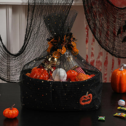 Halloween Basket Gift Baskets Empty with Decor Ribbons, Woven Rope Pumpkin Candy Baskets with Festive Tulle Bag Set for Halloween Party Supplies Favors, Toy Storage Basket for Baby and Pet 14.2" L x 9.8" W x 5.1" H
