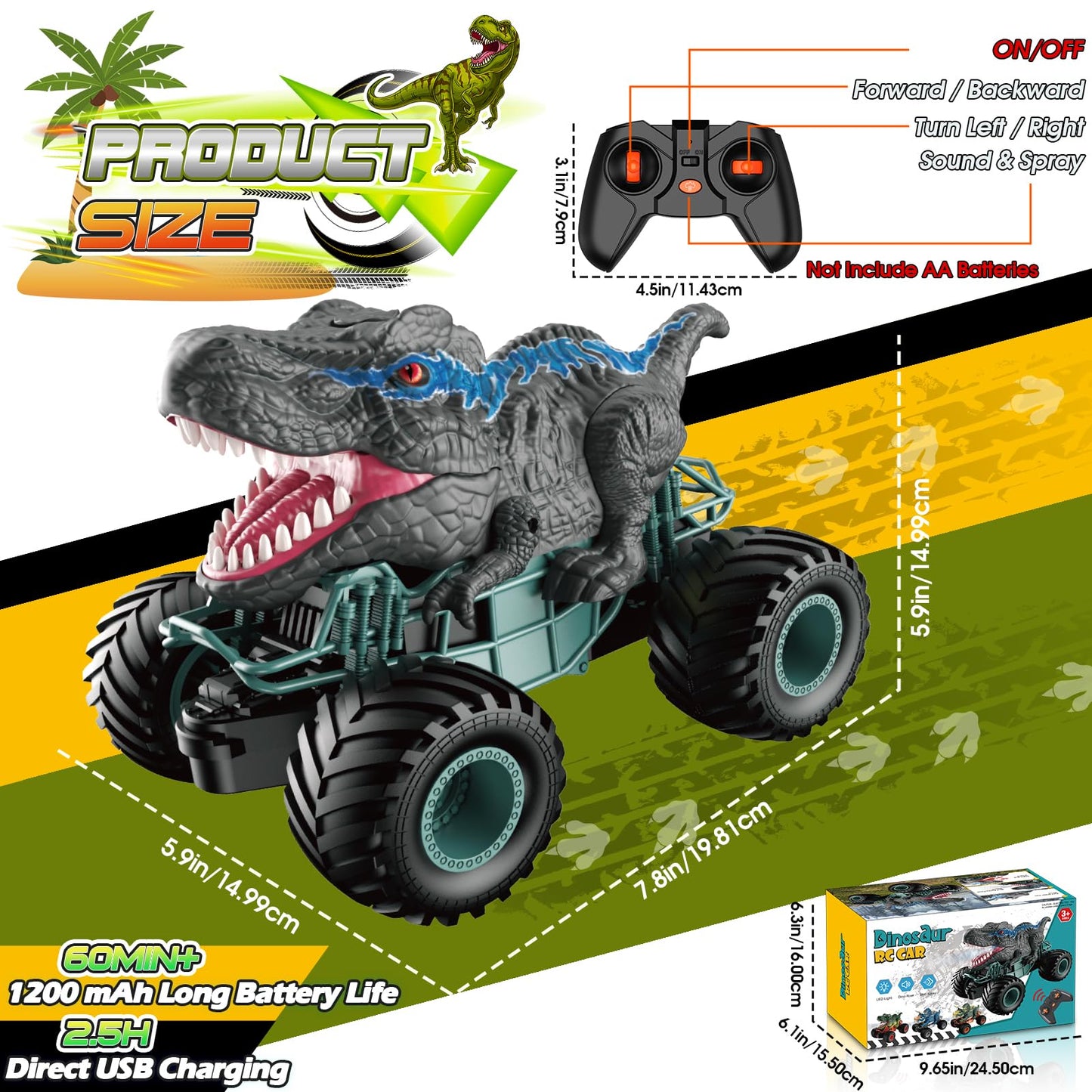 HappyGoLucky Dinosaur Toys for Boys, 1:16 Scale RC Monster Truck with Spray Roar LED Lights, Kids Toys for 4-8 Year Old Boys Gifts Toys Age 3 4 5 6 7, Outdoor Garden Toys Easter Gifts for Kids