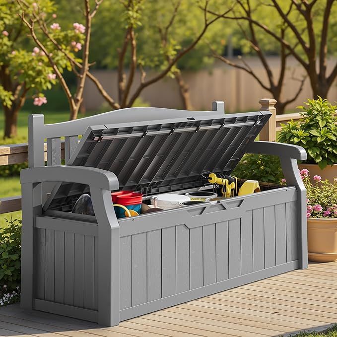 Homall 75 Gallon Outdoor Storage Benches Lockable Deck Box with Waterproof and UV Resistant, Waterproof Storage Box for Patio Furniture, Tools, Cushions (Grey)