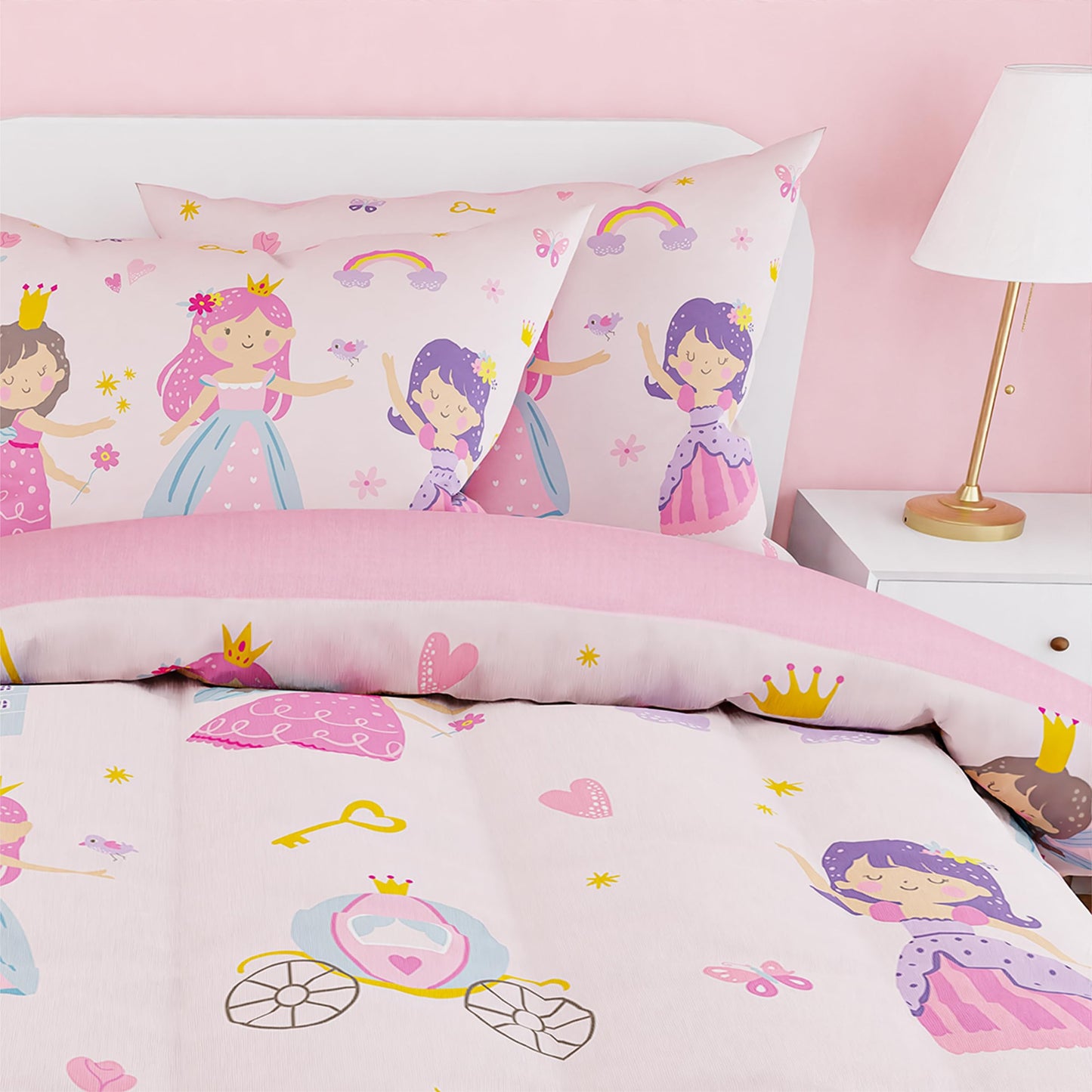 SANDJEST Princess Comforter Set Twin Size 68x86in for Kids Girls, Microfiber 3 Pcs Bedding Set Includes 1 Comforter, 1 Pillowcase, 1 Fitted Sheet, Nursery Room Decor