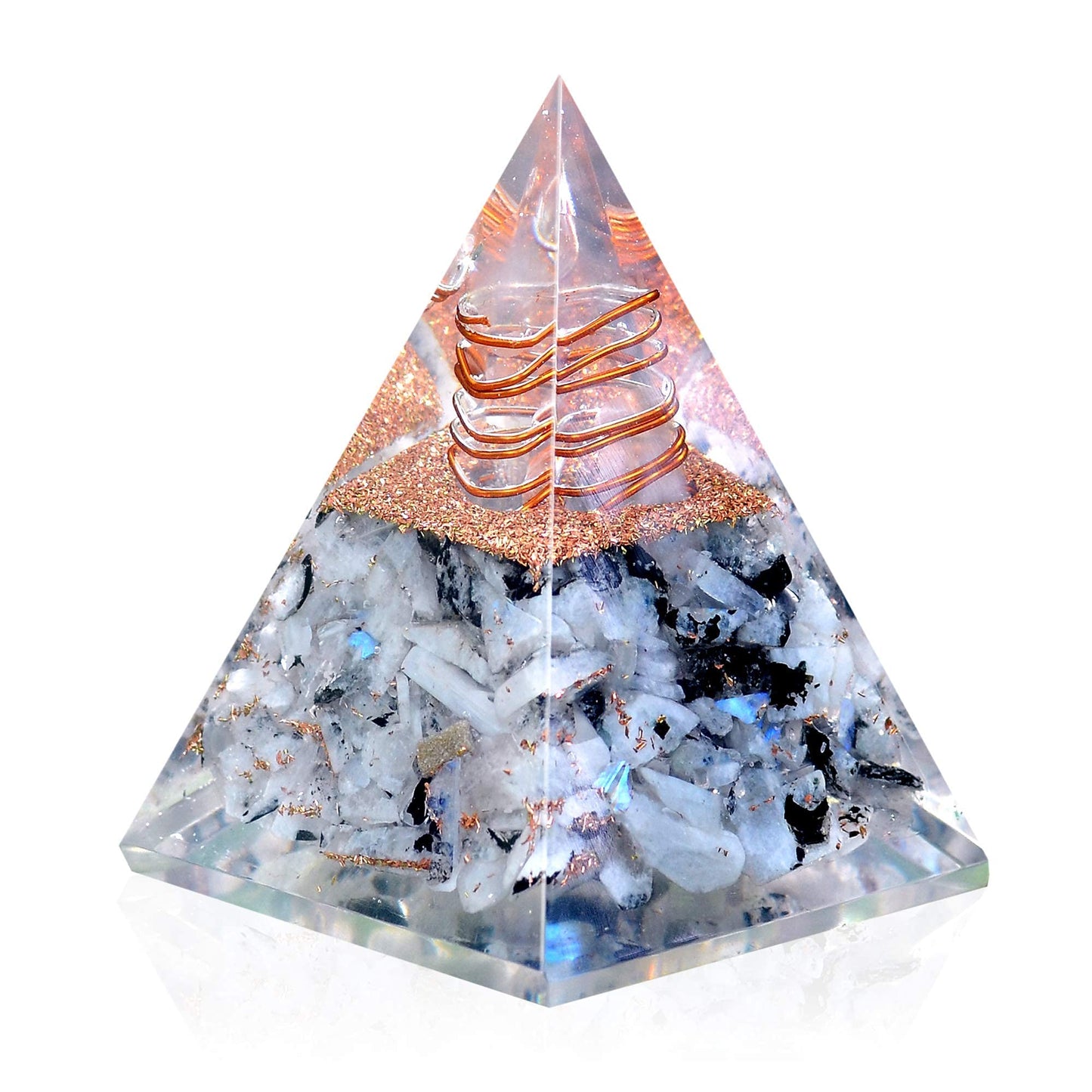 Ever Vibes Rainbow Moonstone Orgone Pyramid - Handmade Healing Crystal Gemstone for Positivity, Strength, Meditation, Reiki, Yoga, Spiritual Gift, Home & Office Decor