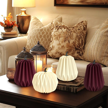 4Pcs Paper Pumpkin Table Decorations, Fall Pumpkin Honeycomb Centerpieces 3D Paper Honeycomb Pumpkins for Thanksgiving Autumn Halloween Home Table Decor (Burgundy and White)