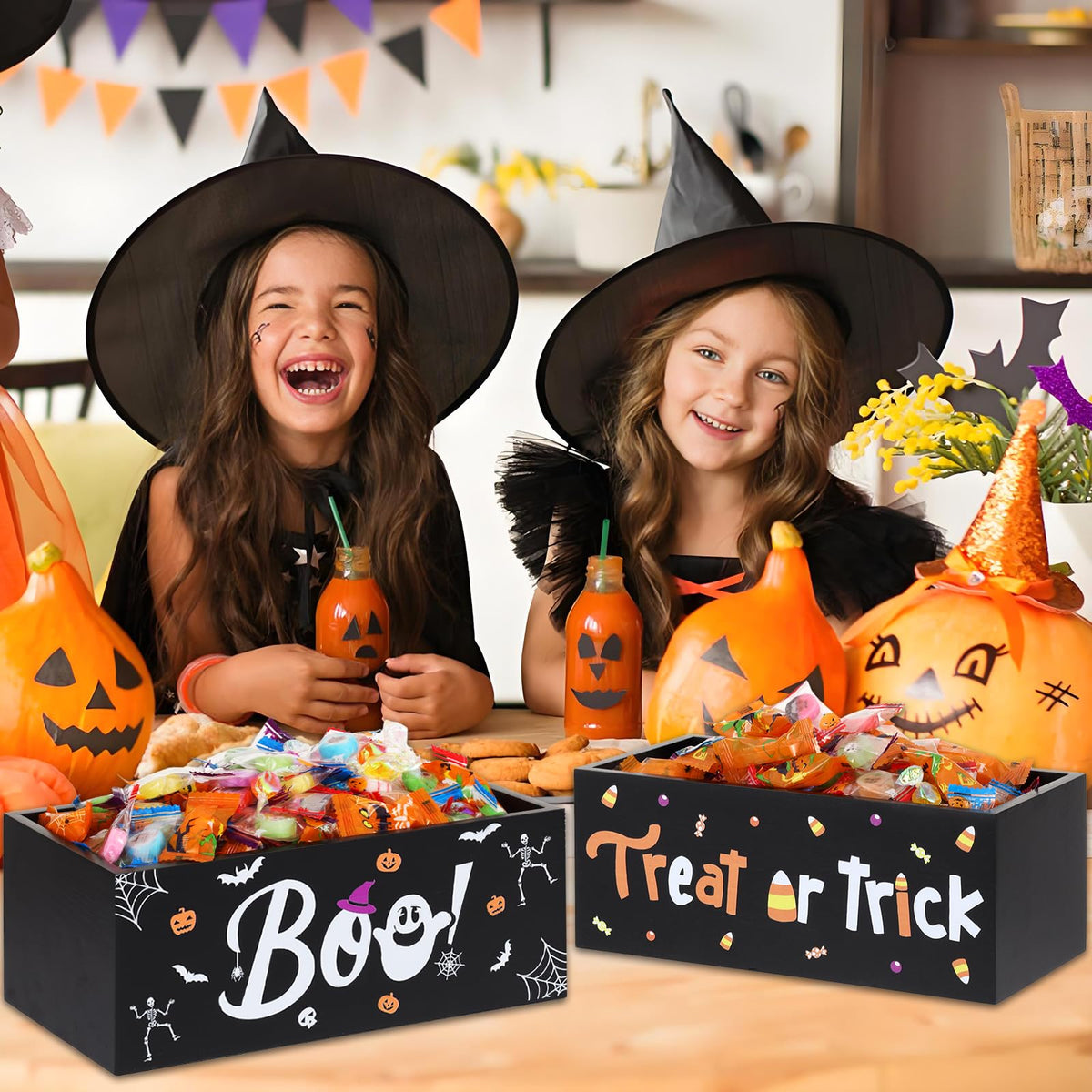 BOUTICOL 2 PCS Halloween Candy Bowl Dish Trick or Treat Wooden Candy Dish Holders Corn Spider Ghost Wood Candies Serving Bowl Tableware for Halloween Haunted House Corn Holiday Decor