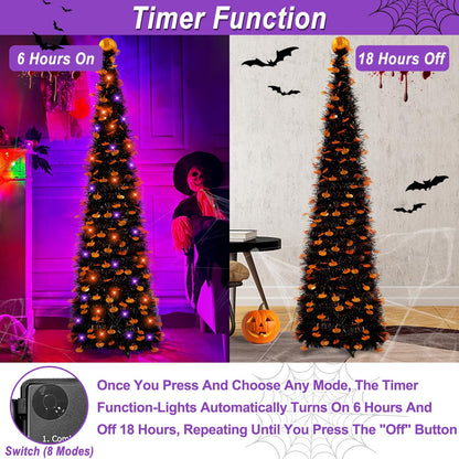 TURNMEON 5Ft Black Tinsel Halloween Tree with 50LED Orange Purple Lights Timer 8 Modes Pumpkin Ornament Pop Up Artificial Pencil Tree Halloween Decorations Home Party Indoor Outdoor