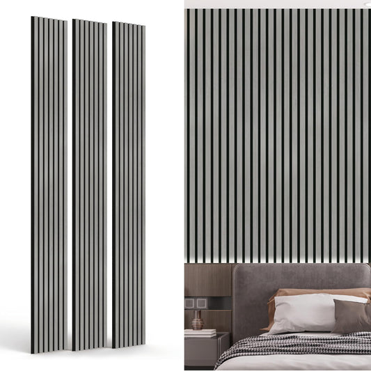 INNO STICKERS 3-Pack Wood Slat Wall Panel for Interior Wall Decor Noise Cancelling 94.5" x 11.4" Acoustic Decorative 3D Sound Absorbing Wall Paneling, Gray Oak, Covers 22.4 Sq. Ft