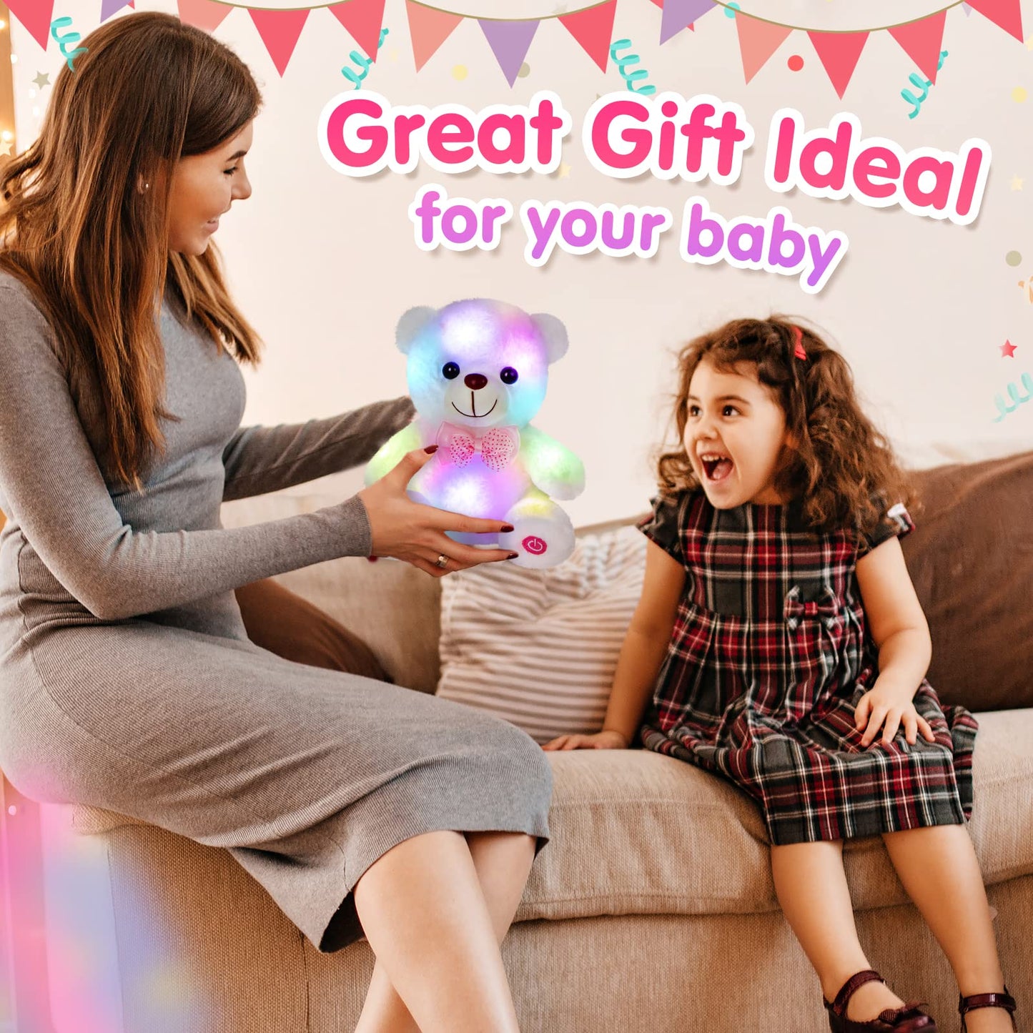 BSTAOFY Light up White Teddy Bear LED Stuffed Animal Soft Nightlight Glow Bear Plush Toy Gifts for Kids Mom Girls Birthday Christmas, 8" (White)