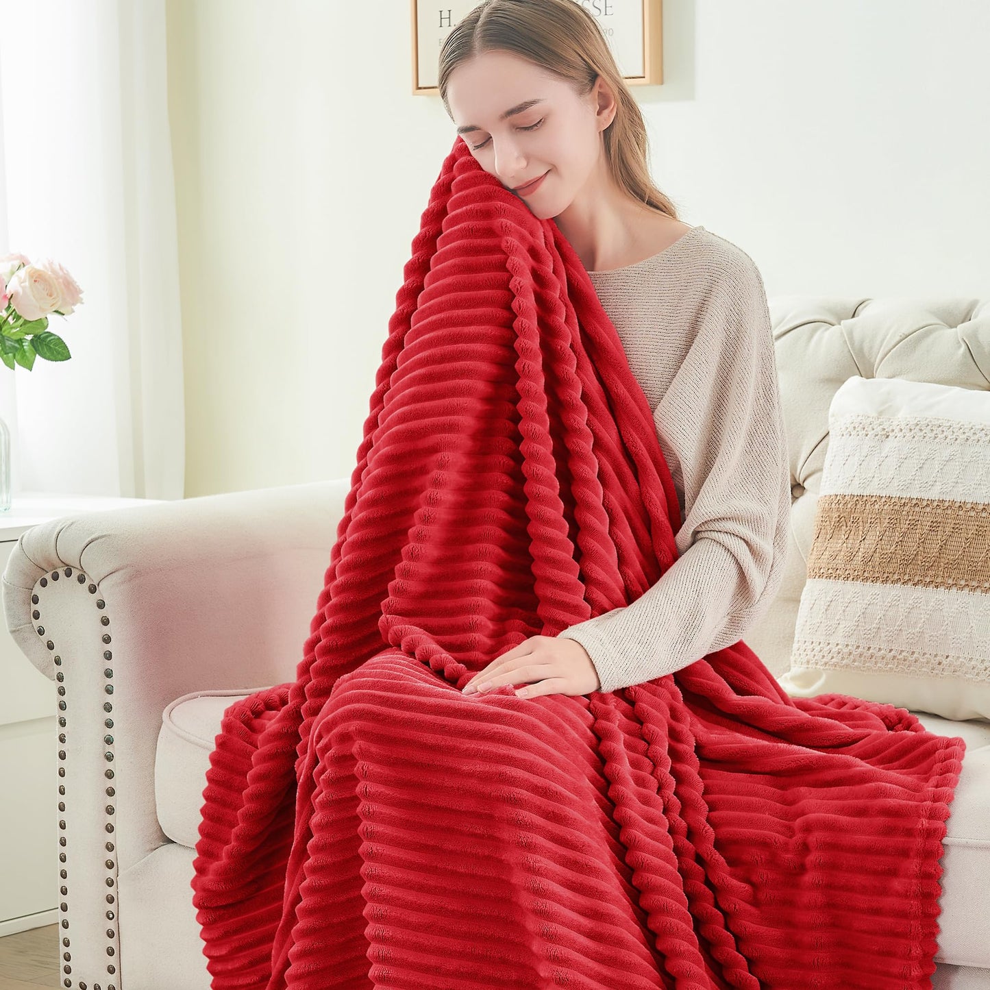 BEDELITE 2 Pieces Throw Blanket (Pink & Red, 50"x60"), Striped Fleece Blanket - Soft and Warm Decorative Fuzzy Blanket