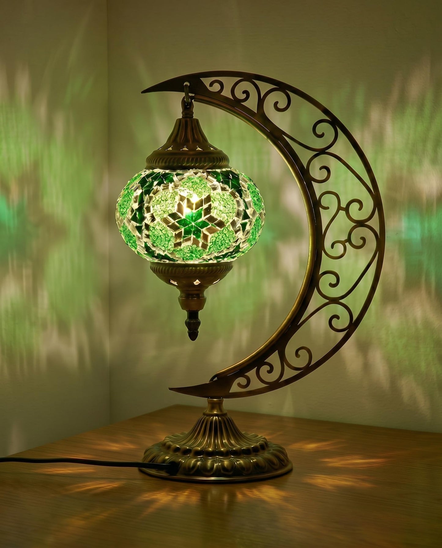 Baquler Turkish Mosaic Moon Lamp - Handmade Stained Glass Table Lamp with Metal Crescent Base, Bohemian Moroccan Bedside Night Light for Bedroom Living Room Decor, Unique Gift(Green)