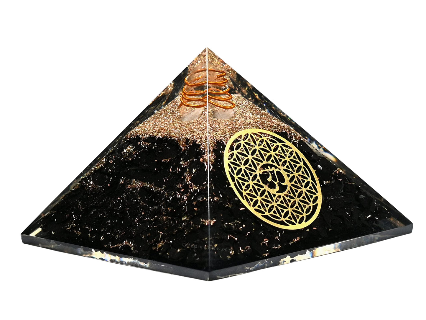 Amazing Gemstone Large Shungite Orgone Pyramid Crystal - OM with Flower of Life Orgonite Pyramid - Positive Energy Healing