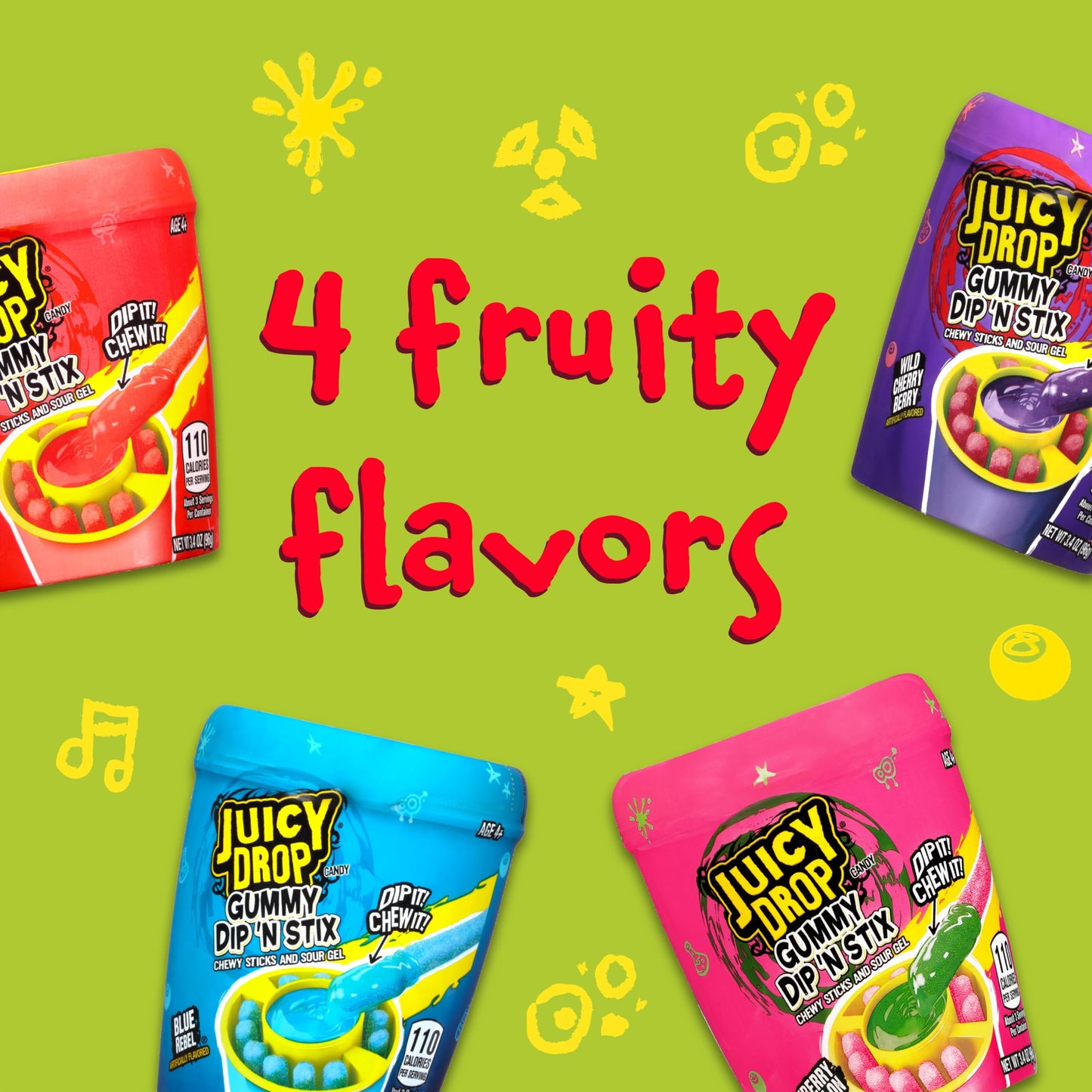 Juicy Drop Gummy Dip 'N Stix Assorted Halloween Candy Variety Pack, Sweet Gummy Sticks W/ Sour Dipping Gel, 8Ct, Sour Candy Pack for Party Favors, Trick or Treat, Halloween Bowls, Kids Gifts