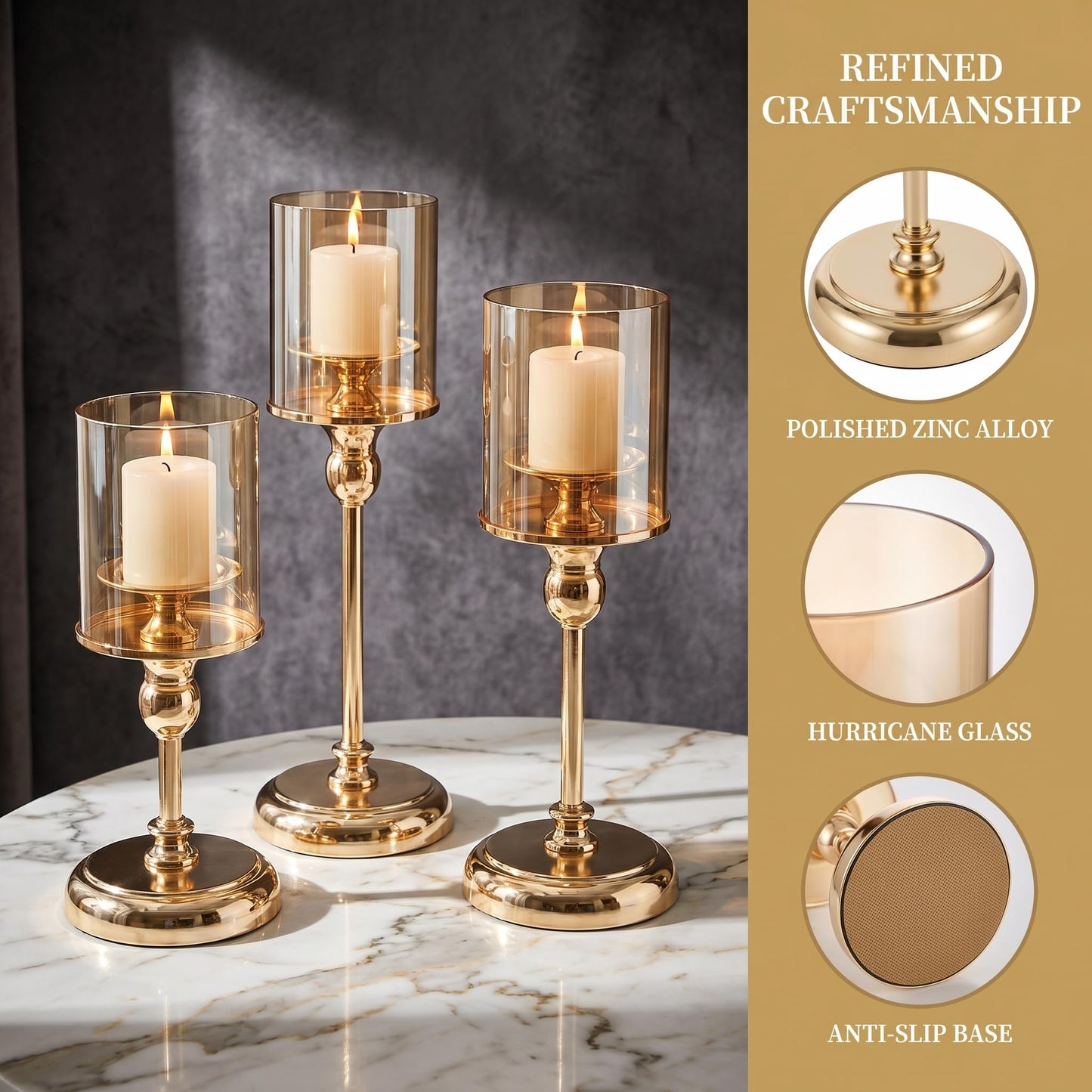 Oakernel Gold Hurricane Candle Holders - Set of 3 Tall Candlestick Holders Windproof Taper Candle Holders, Metal Stand for Table Centerpiece Outdoor Indoor Wedding Party Holiday Decor