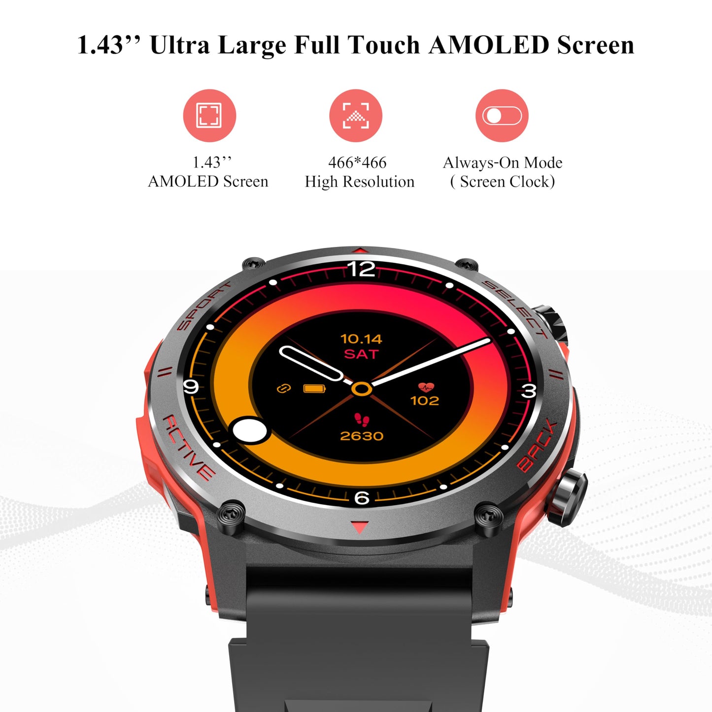 Smart Watch, 1.43''AMOLED 45mm Military Smartwatch Men Women Answer/Make Call, Digital Fitness Watch, 110+ Sports, Blood Pressure, Heart Rate, Stress Monitor Sports Watch for Android or iOS