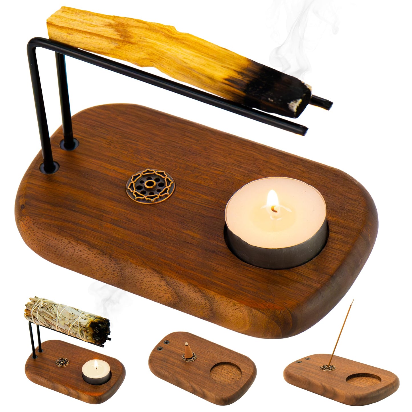 PLEARTY 4 in 1 Walnut Wood Palo Santo Holder Hand-Crafted Incense Sticks Holder for Burning Sage with Booklet The Most Complete Palo Santo Holder for Your Meditation Room Home Decor Gift