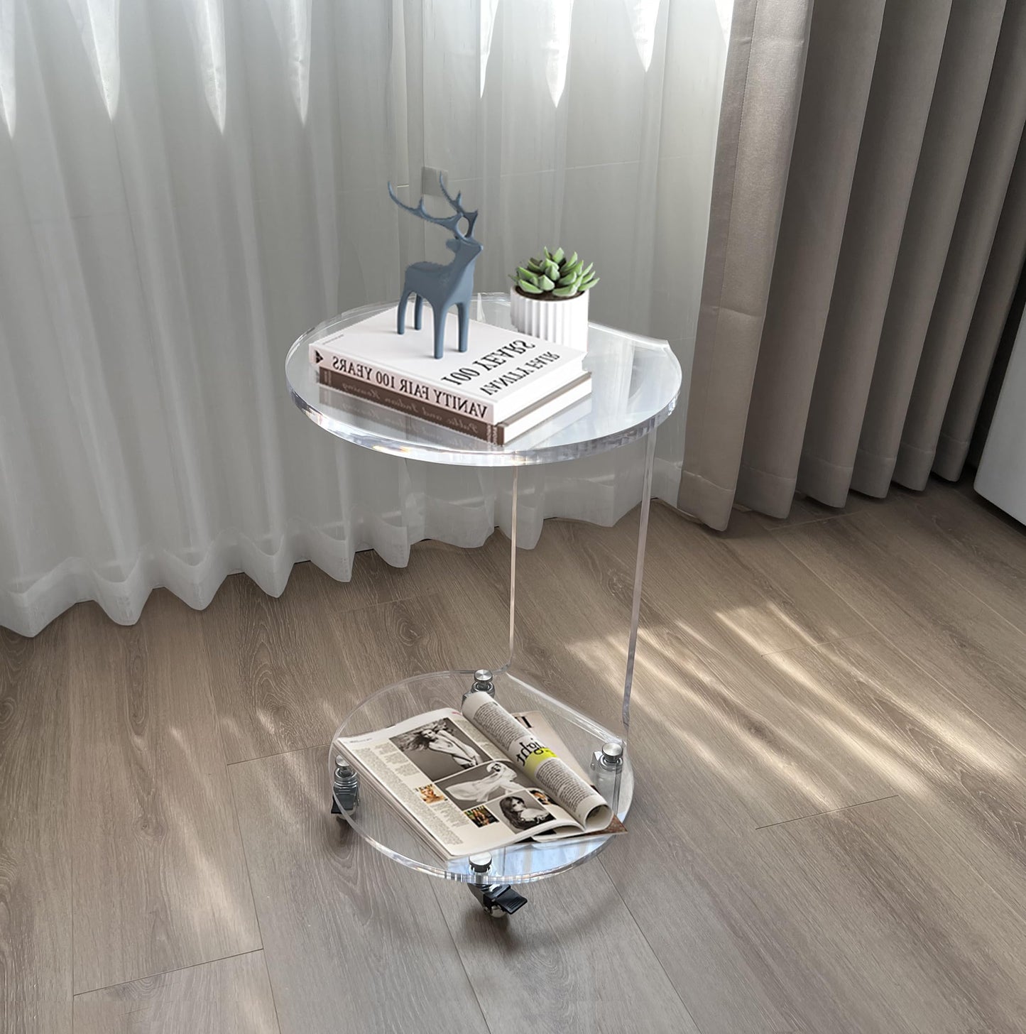 C-Shaped Round Acrylic Side Sofa Table on Wheels,Clear Rolling Decoration Table for Living Room or Bedroom
