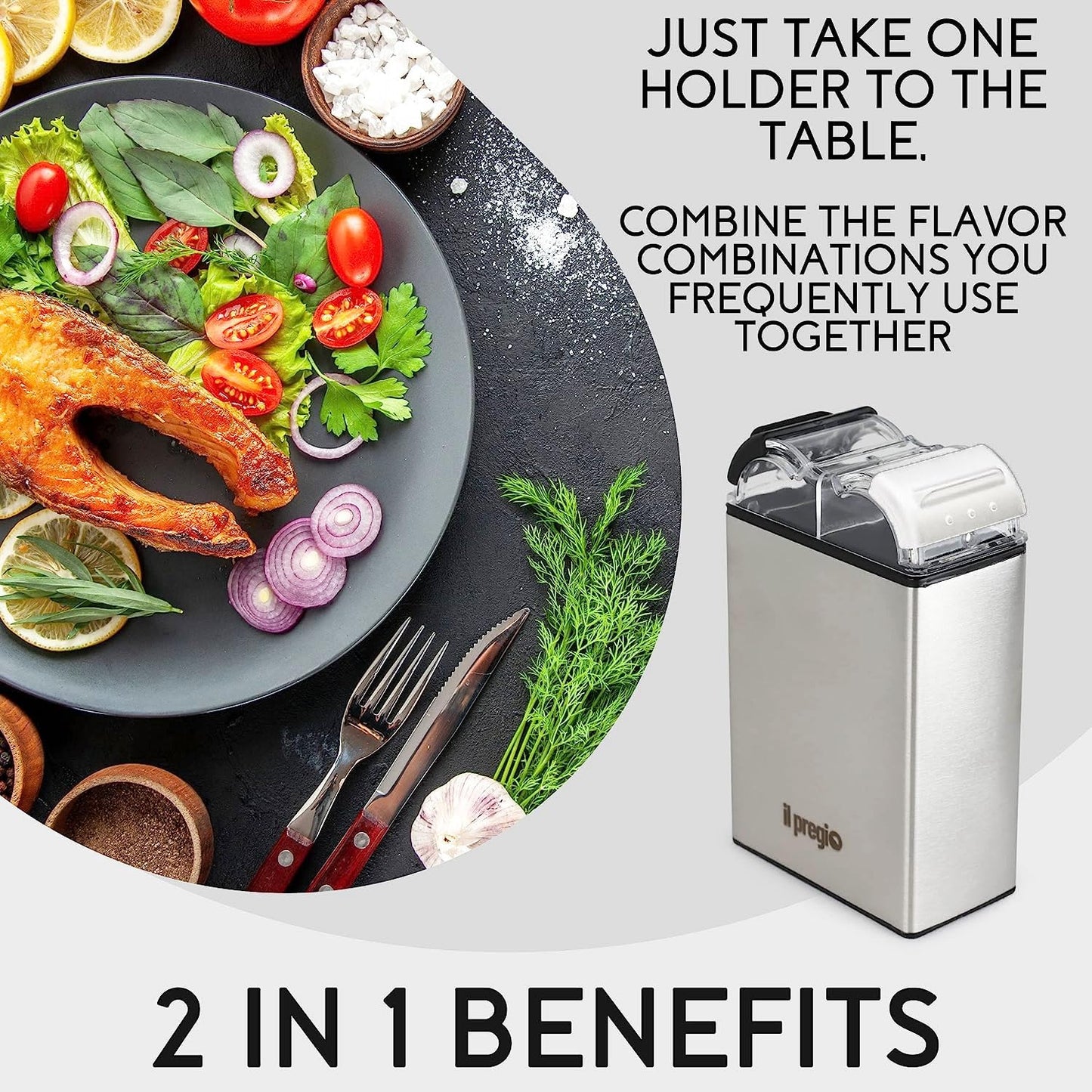 Il Pregio Double Spice Stainless Steel Seasoning Jar Shaker - 2 in 1 Salt and Pepper Dispenser with Adjustable Pour Holes | 2.3oz Per Side - 2 Pack