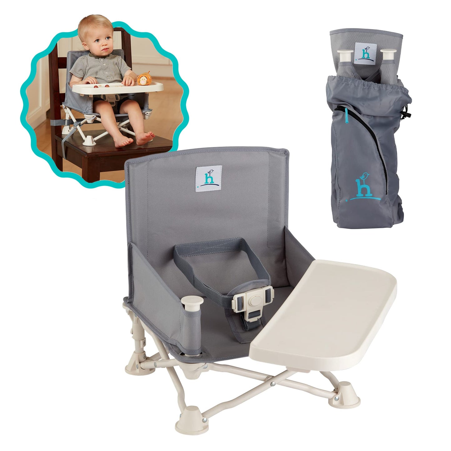 Hiccapop OmniBoost Travel Booster Seat with Tray for Baby, Dining Table, Camping, Beach, Grandma’s | Folding Portable Tip-Free Design Straps to Kitchen Chairs