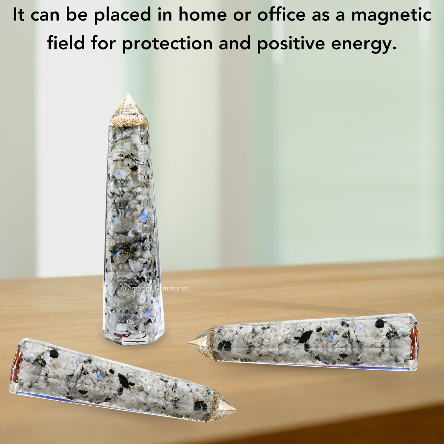 Amazing Gemstone Rainbow Moonstone Orgonite Orgone Crystal Towers - Large 4.5" Orgonite Crystal Wand Obelisk Tower Point for Meditation, Crystals and Healing Stones Gift and Protection