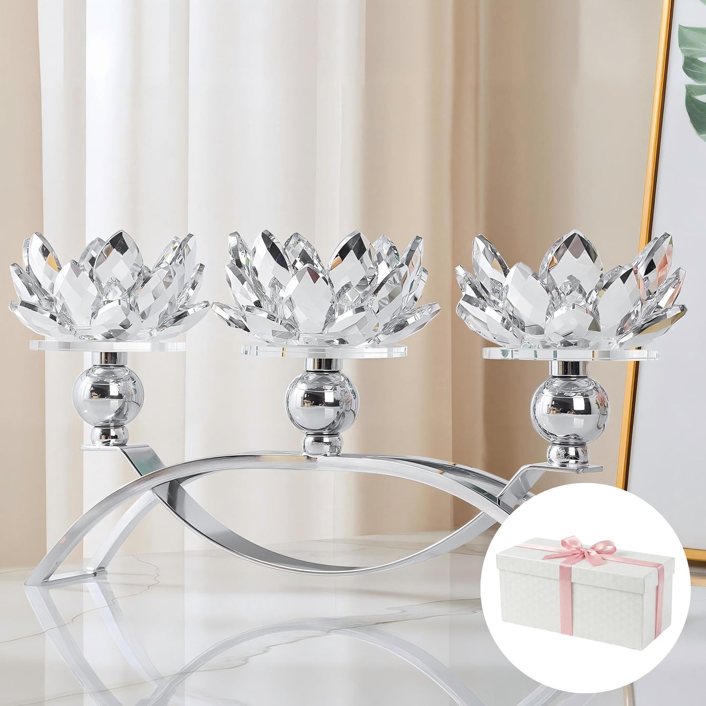 Dounx Crystal Candle Holder, 5.6" Tall Silver Centerpieces for Tables, 3-Arm Lotus Candelabra, Home Decor for Wedding, Dining Room, Coffee Table and Living Room (10.5" L, Fits Tealight Candles)