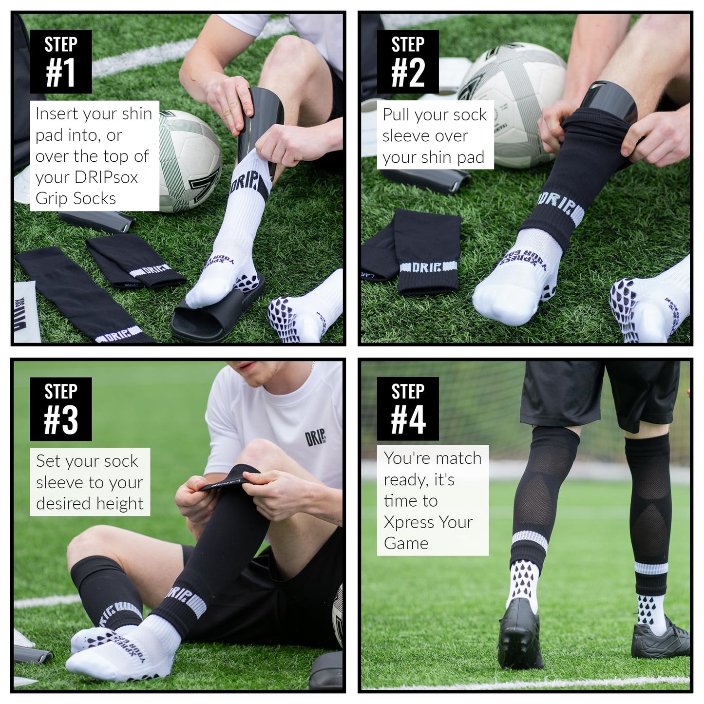 DRIPsox® Football Sock Sleeves - 3 Sizes for Kids, Men, Junior, Women (S:13C-3.5, M:4-7.5, L:8+) - Multiple Colours - 1 Pair (S) Black Football Sleeve Socks with Breathable Calf Comfort Mesh