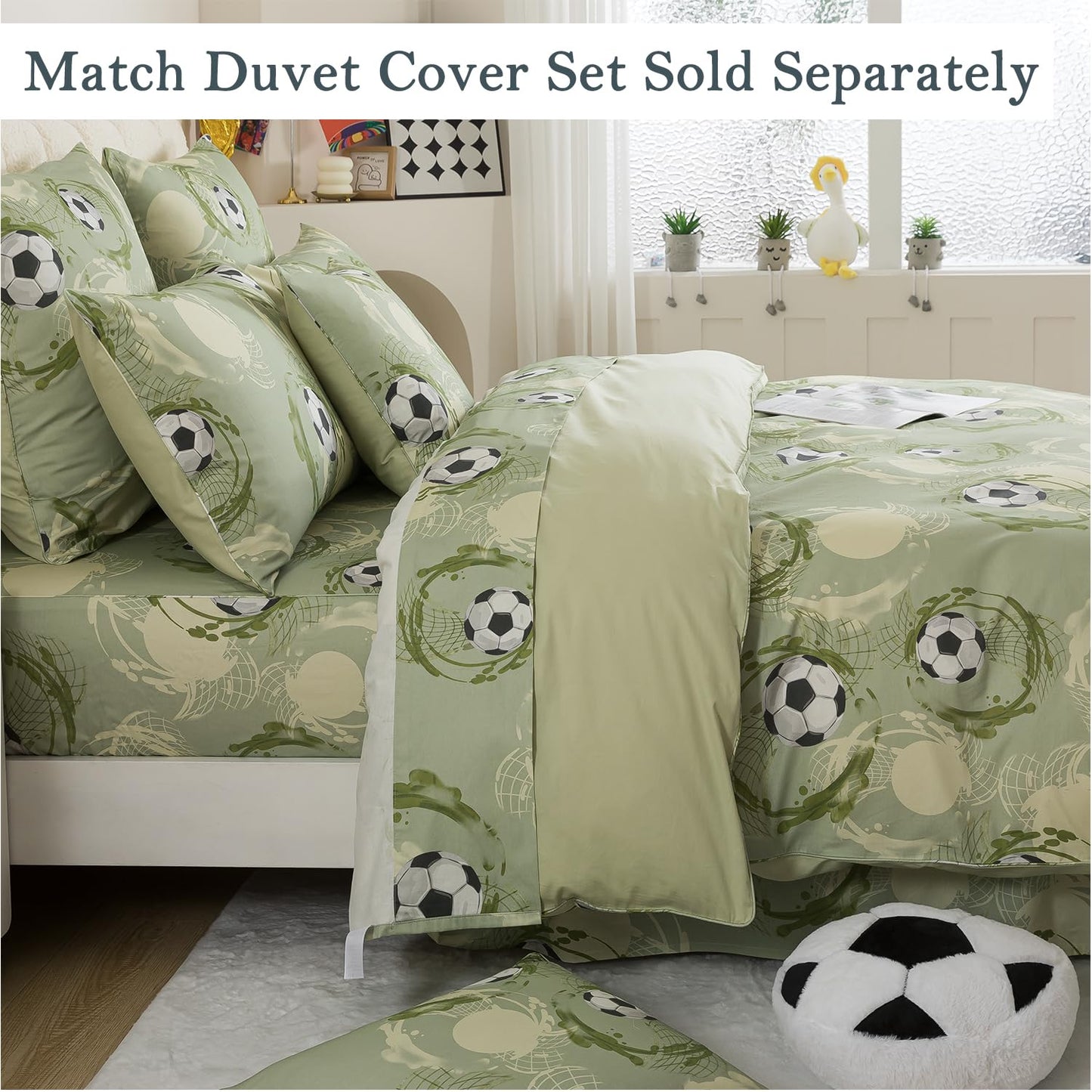 FADFAY Premium 100% Cotton Soccer Sheet Set King – Ultra Soft Breathable Sage Green Sports Bedding, Modern Athletic Soccer Ball Bed Sheets, Deep Pocket 4 Piece Set