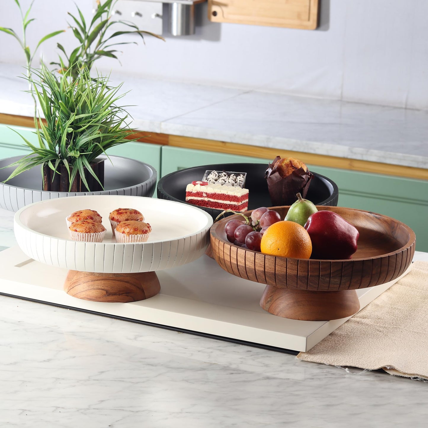 LAVAUK Mango Wood fruit bowl, Decorative black bowl with natural finish pedestal | 12" dia | Dual tone look | Use as Centerpiece for kitchen counter or dining table (Black)