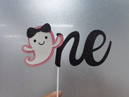 Pink Glitter Halloween Ghost One Birthday Cake Topper The Spooky One Cake Topper for Pink Girl Halloween1st Birthday Cake Decorations