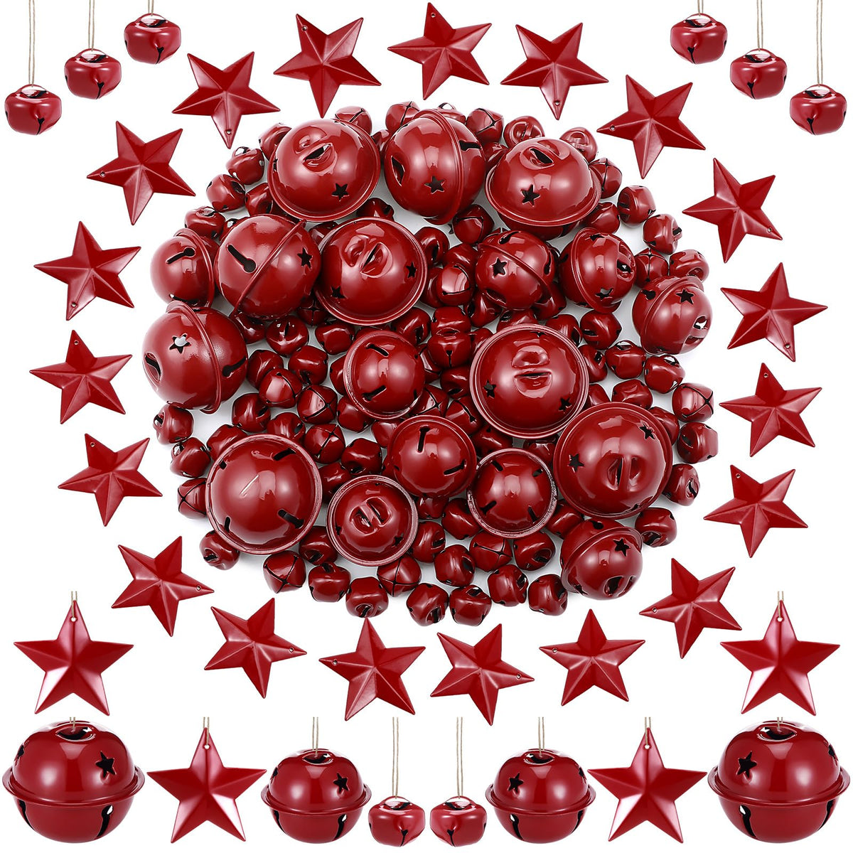 Dilunave 140 Pieces Rustic Christmas Bell Set, Includes 100 Small Rustic Jingle 20 Star Cutout Bells 20 Metal Star Hanging Ornament for Christmas Tree Home Decor DIY Craft(Dark Red)