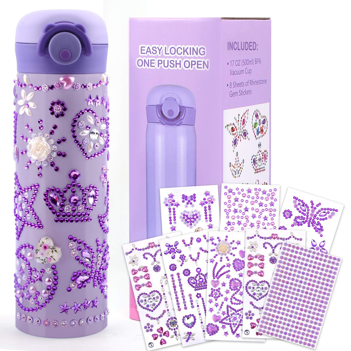 HULASO Christmas Gifts for Kids 7 Year Old Girls Decorate Your Own Water Bottles with Gem Stickers - DIY Birthday Gifts Arts and Crafts, BPA Free Stainless Steel Vacuum Insulated Mug (17 OZ)