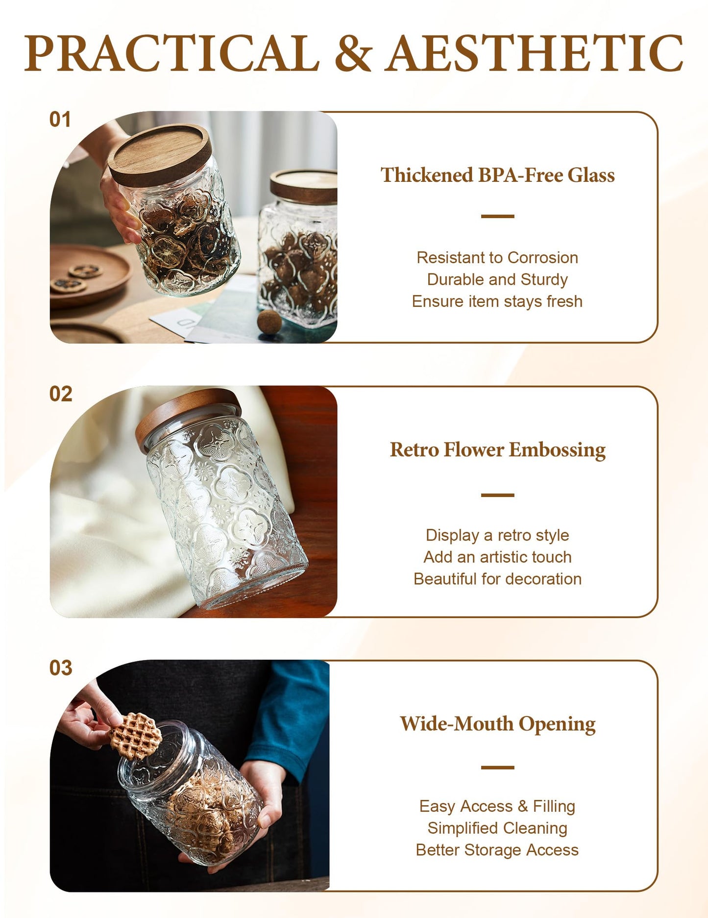 PENGSHU Vintage Glass Jar with Wood Lid - Christmas Airtight Canisters for Kitchen Countertop Bathroom, Storage Candy, Cookie, Coffee, Apothecary, Sugar, Flour,Pet Treat (Begonia, 34oz/1000ml)