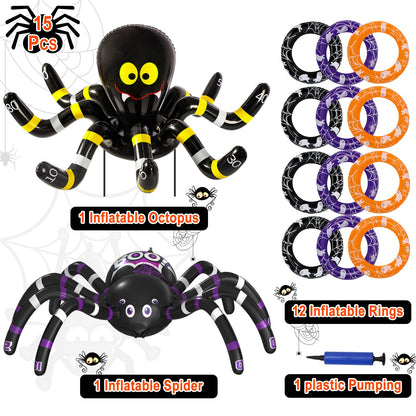 Max Fun Halloween Ring Toss Games for Kids, 2 Pack Inflatable Spiders Set Halloween Party Favor Supplies Holiday Carnival School Decoration Outdoor Indoor Spooky Creepy Game