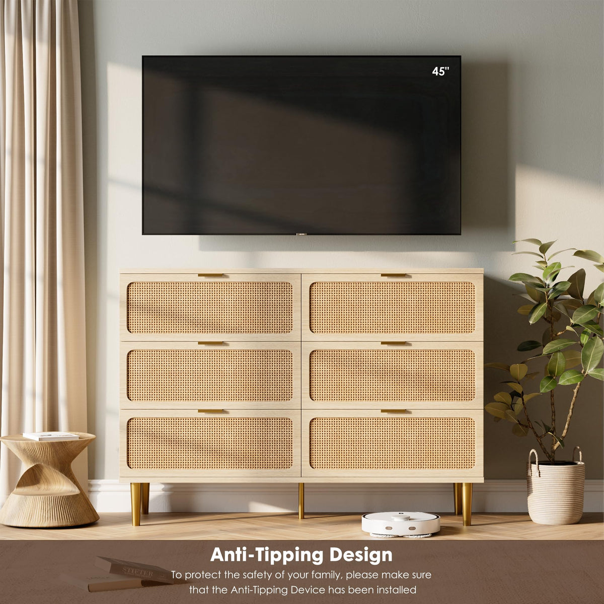 GarveeHome Rattan 6 Drawer Dresser for Bedroom, Large Double Dresser with Deep Drawers, Wooden Chest of Drawers for Closet with Wide Top, for Living Room, Hallway, Kids Room, Natural