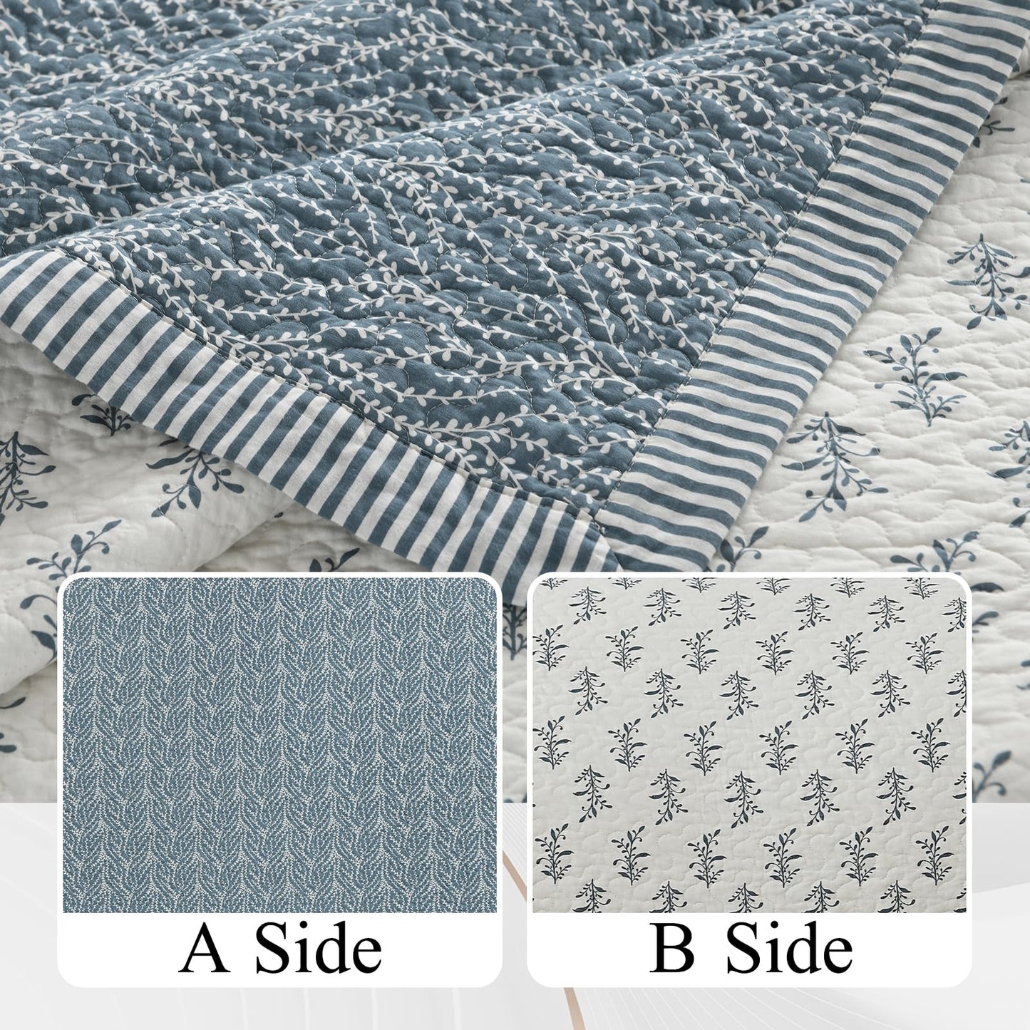 Finlonte Cotton Quilts Queen Size - 100% Cotton Queen Comforter Set, Botanical Quilt Bedding Set, Lightweight Reversible Soft Quilted Bedspread for Queen Bed, Grayish-Blue/White, All Season, 3 Pcs