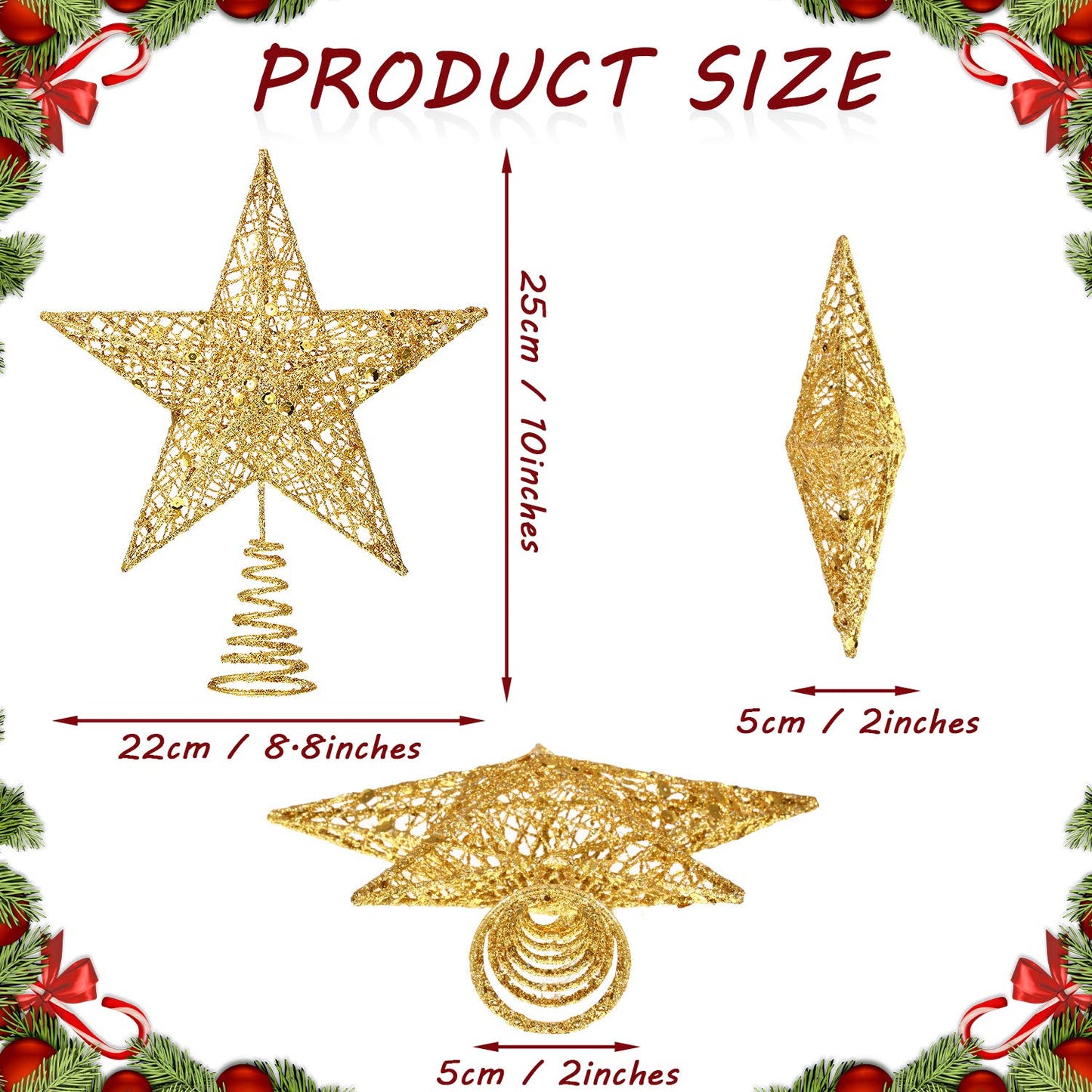 Blulu 10 Inches Gold Christmas Star Topper Xmas Tree Topper Glitter Treetop Star for Christmas