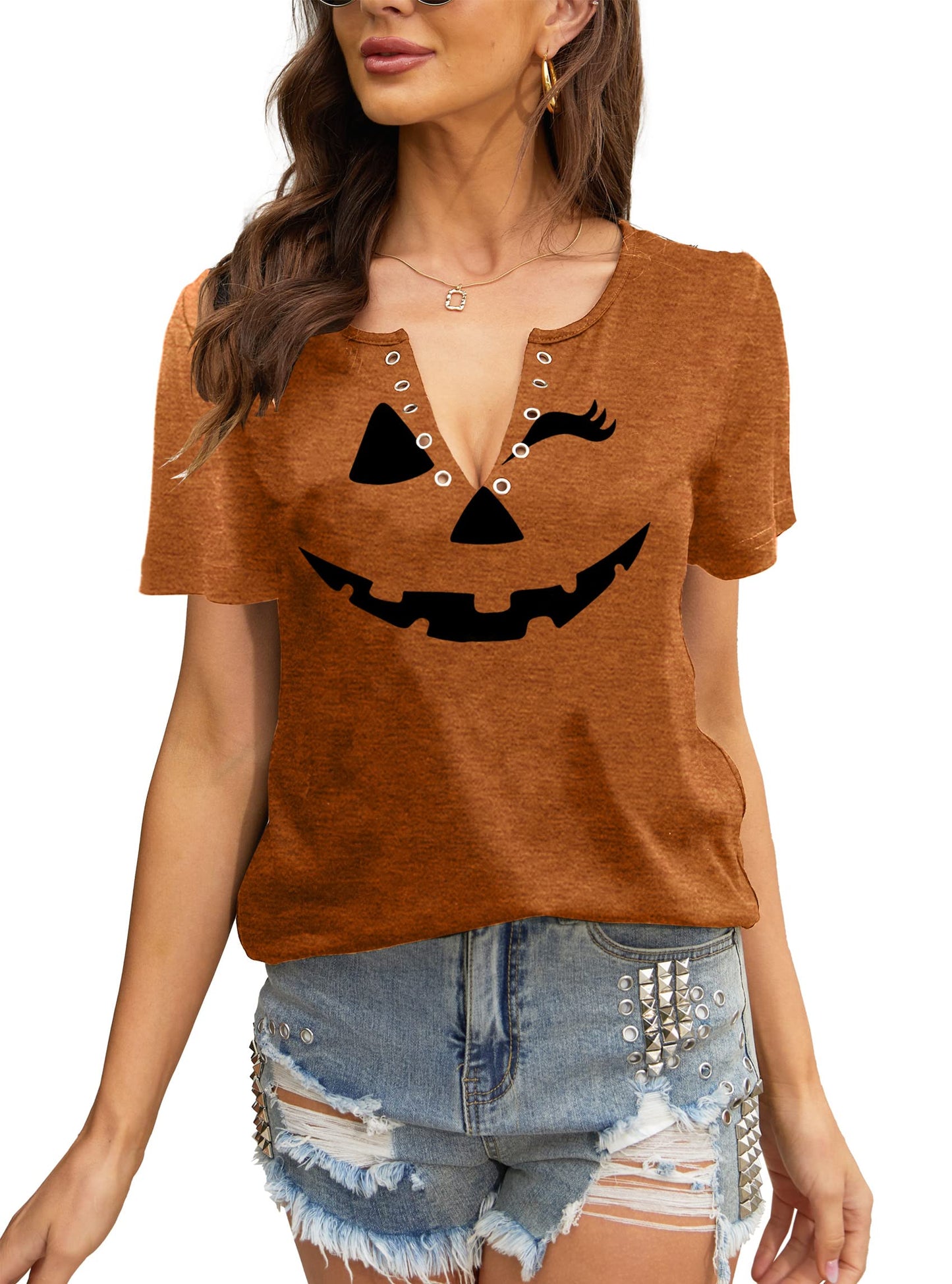 MAIHUN Halloween Pumpkin Face Shirts for Women Hocus Pocus Shirt Funny Pumpkin Tee Tops