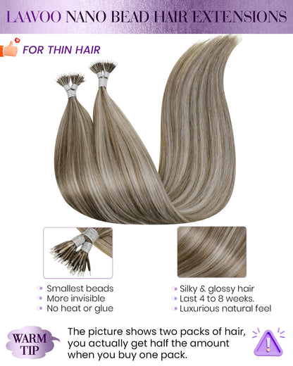 LaaVoo Nano Hair Extensions Real Human Hair Brown Nano Beads Hair Extensions Highlight Light Brown with Ashy Blonde Invisible Nano Ring Straight Remy Hair 50g 50s 14 Inch #p8/24