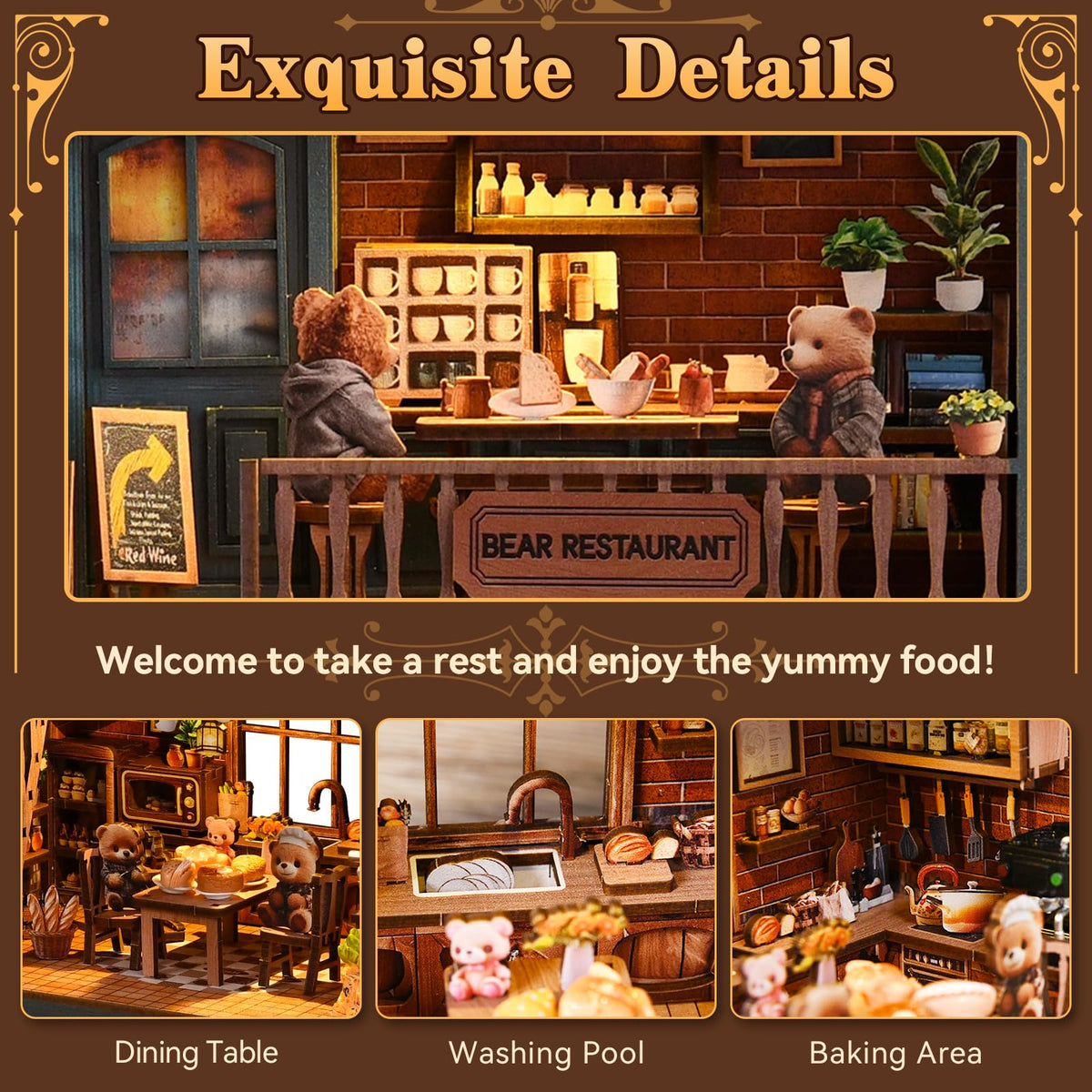 Hallisun DIY Miniature House Building Kits, Scarborough Hotel and Bear Restaurant 3D Wooden Dollhouse Toys, Birthday Christmas Festival Gift for Teens Adults