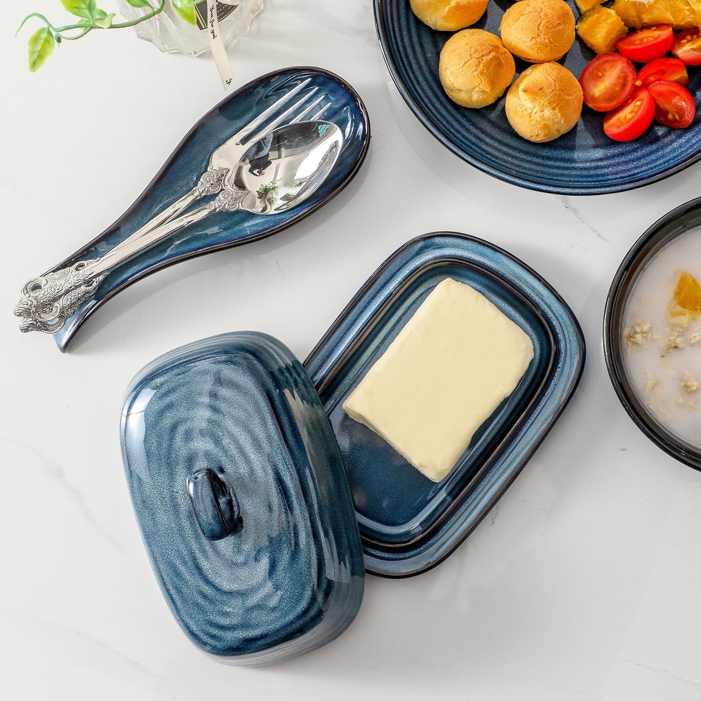 Hasense Butter Dish with Lid and Ceramic Spoon Rest Set for Countertop, 2 Pieces Navy Reactive Glaze Dinnerware Accessories Set Perfect for Home Decor, Kitchen Housewarming Gift, 8.7 Inch