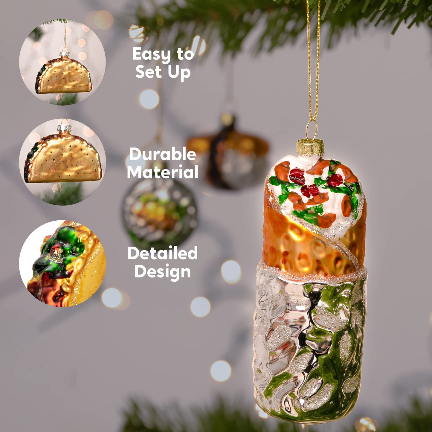 JOYIN Christmas Taco and Burrito Ornament, 2 pcs Glass Blown Set Handcrafted for Tree Hanging Ornament Outdoor Christmas Decorations Indoor