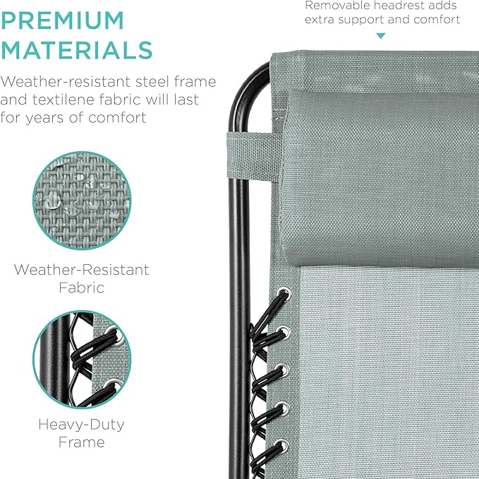 Best Choice Products Set of 2 Adjustable Steel Mesh Zero Gravity Lounge Chair Recliners w/Pillows and Cup Holder Trays - Stardew